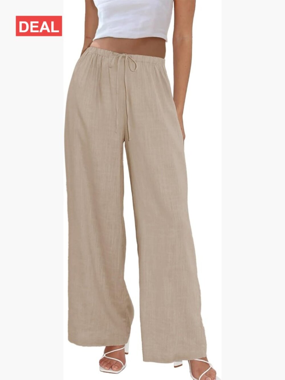 Womens Cotton Linen Palazzo Pants Drawstring Elastic Waist Wide Leg Trousers
